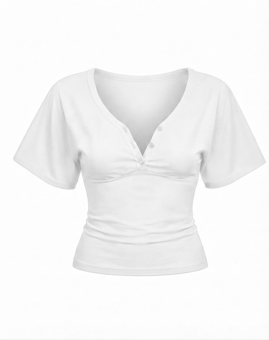 Buttoned V-Neck Flutter Top