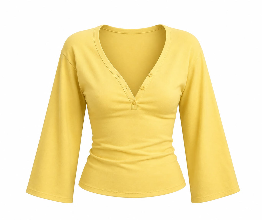Ribbed V-Neck Flare Sleeve Top