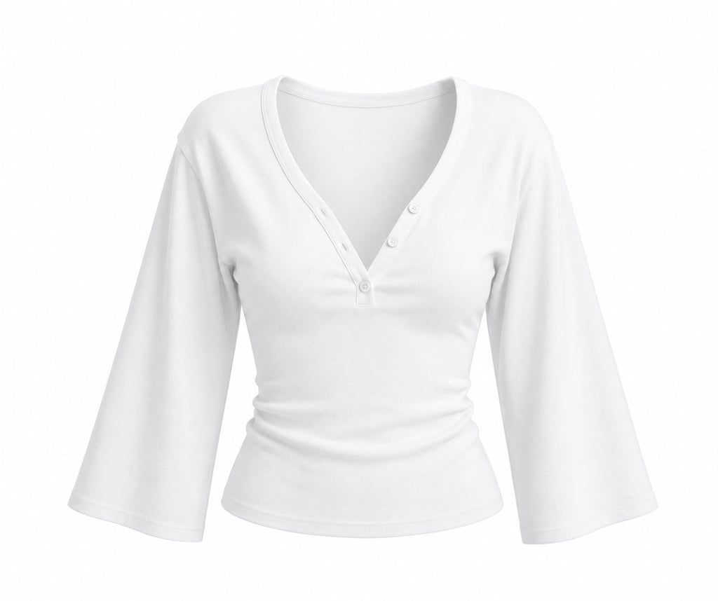 Ribbed V-Neck Flare Sleeve Top
