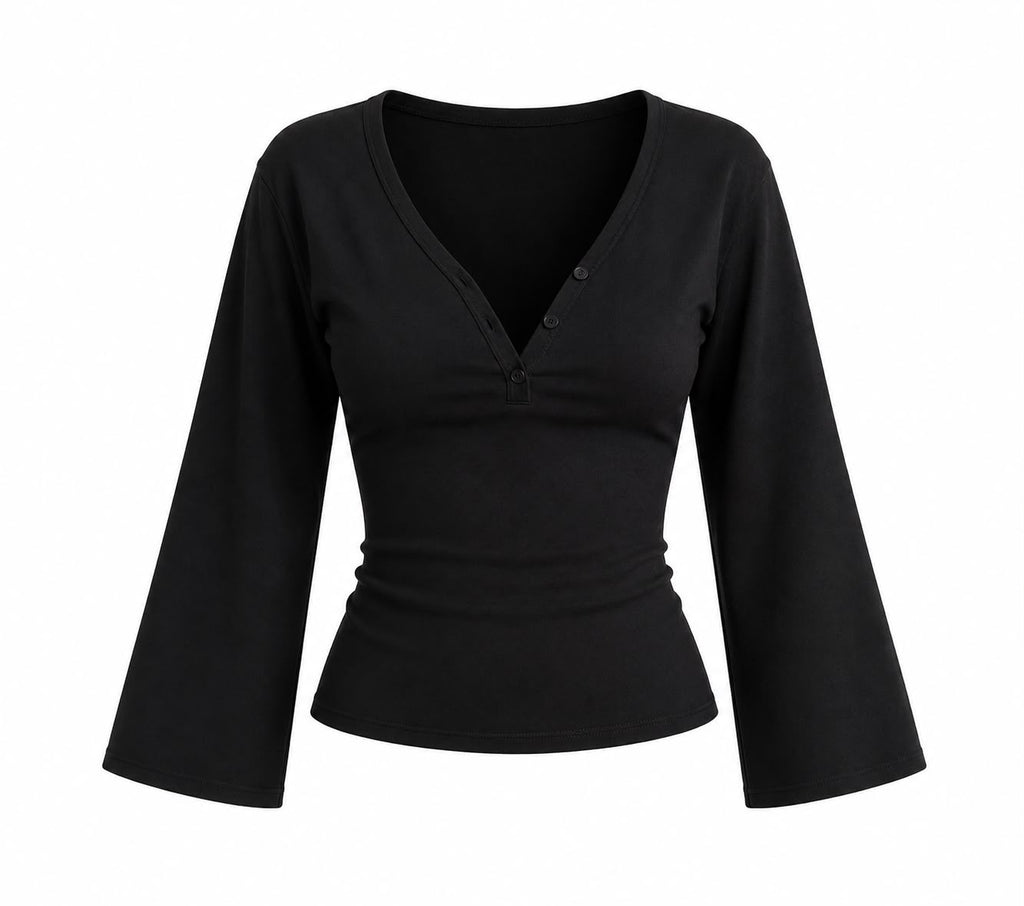Ribbed V-Neck Flare Sleeve Top