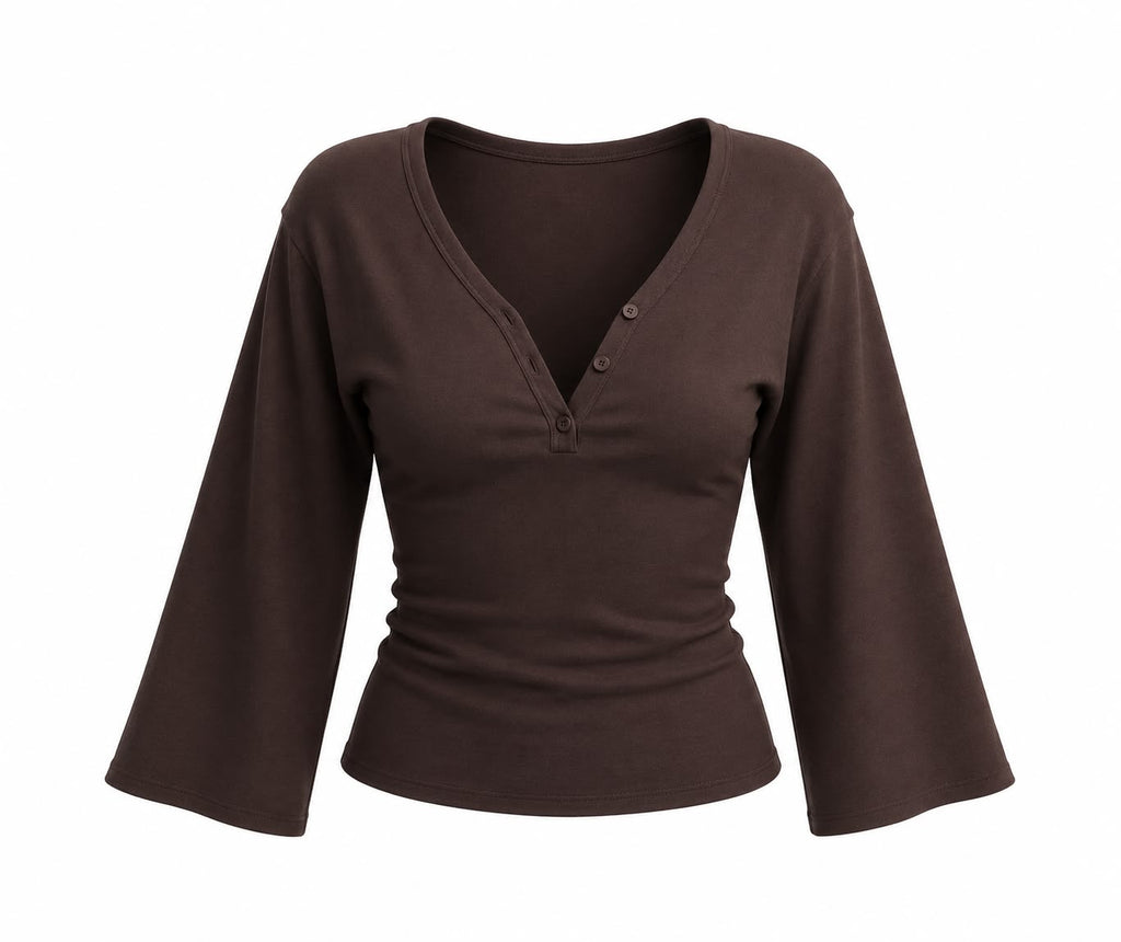 Ribbed V-Neck Flare Sleeve Top