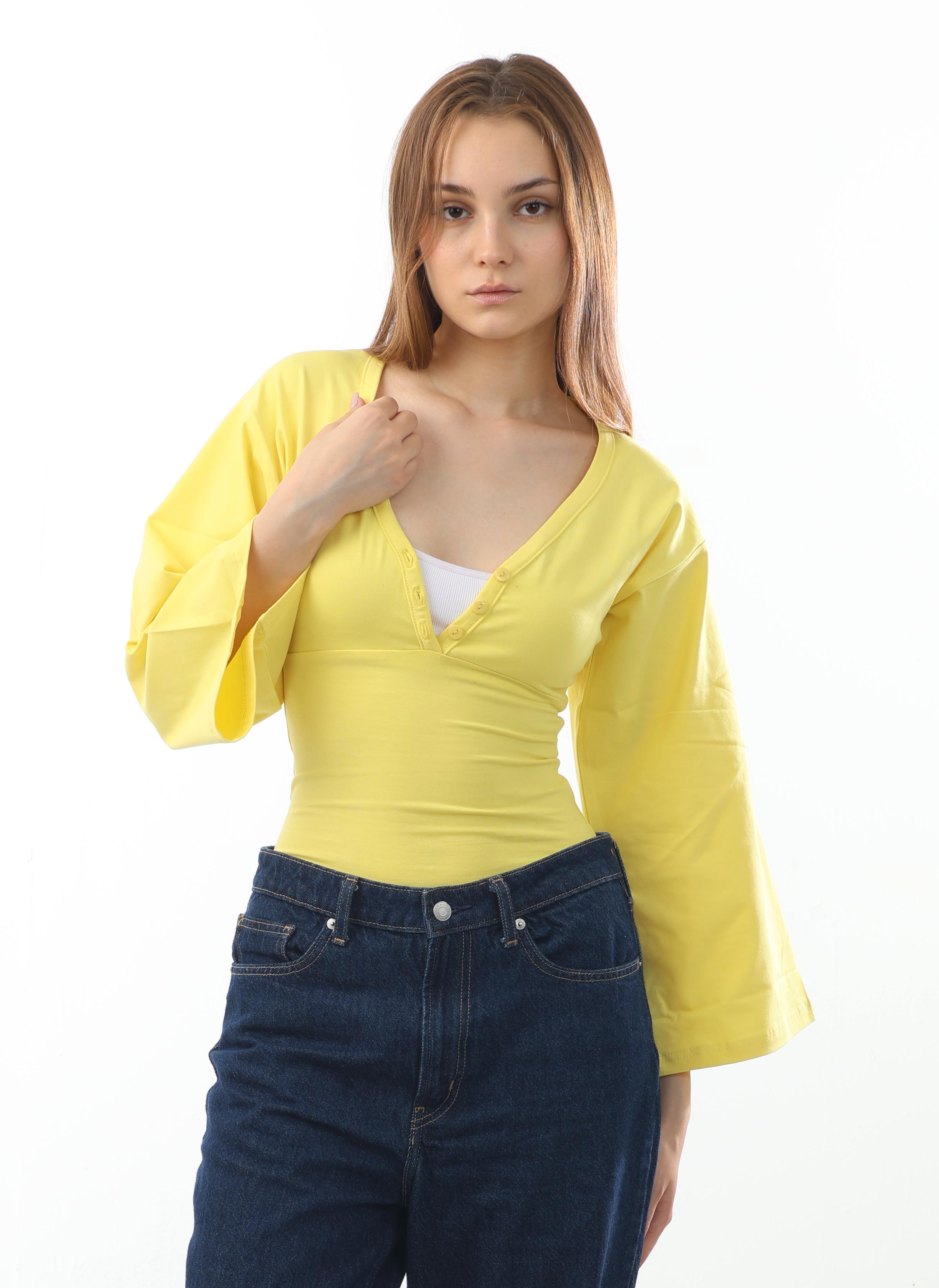 Ribbed V-Neck Flare Sleeve Top