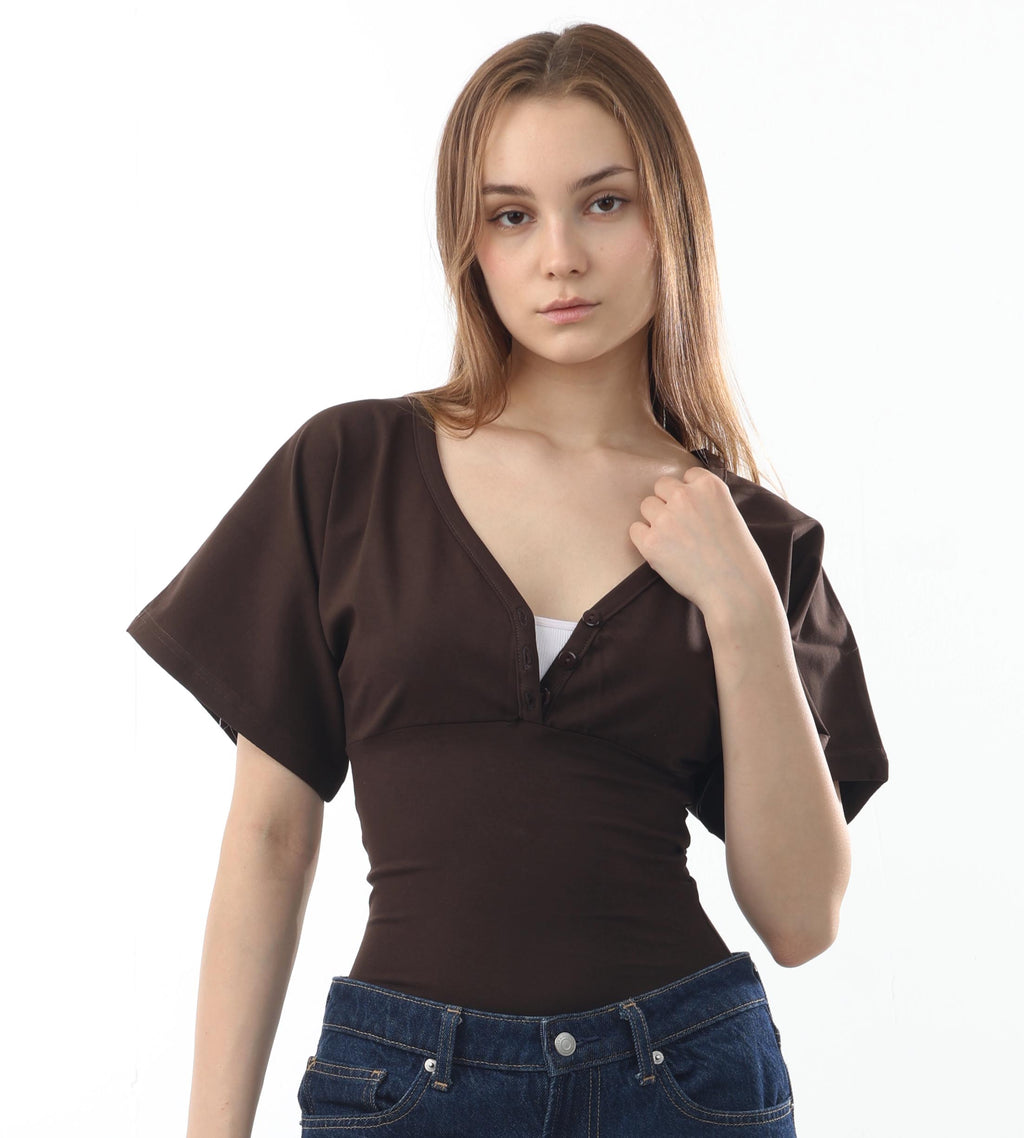 Buttoned V-Neck Flutter Top