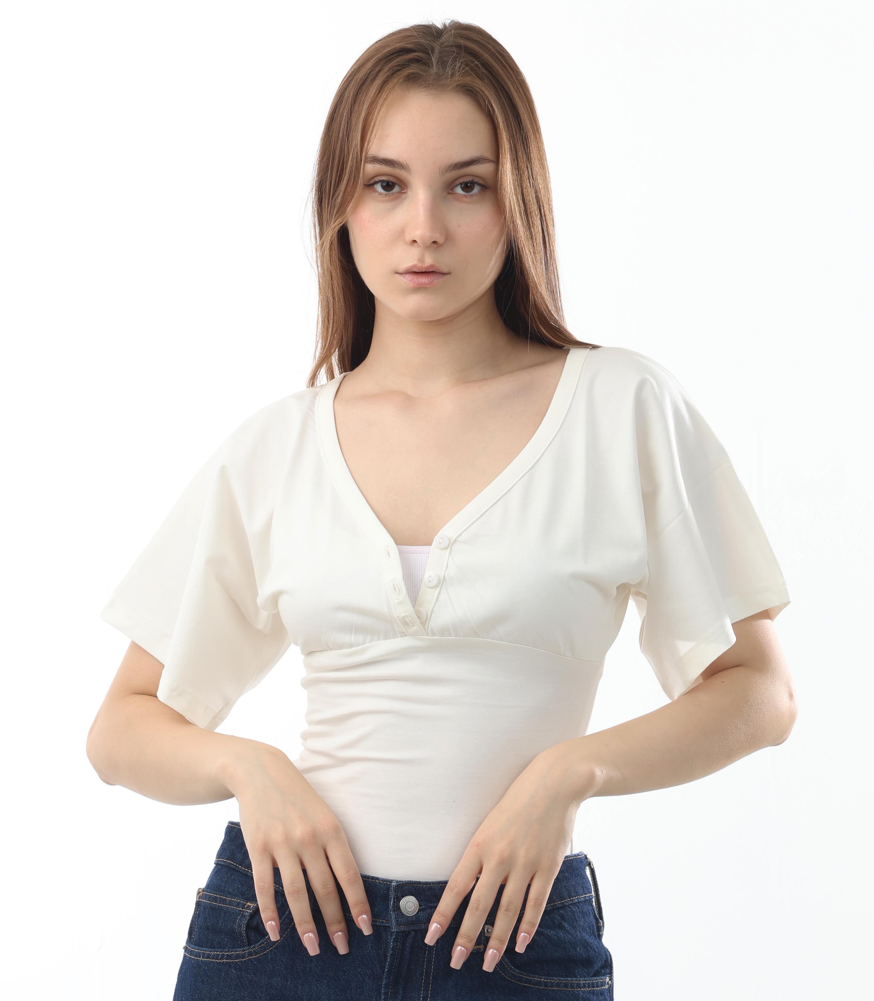 Buttoned V-Neck Flutter Top
