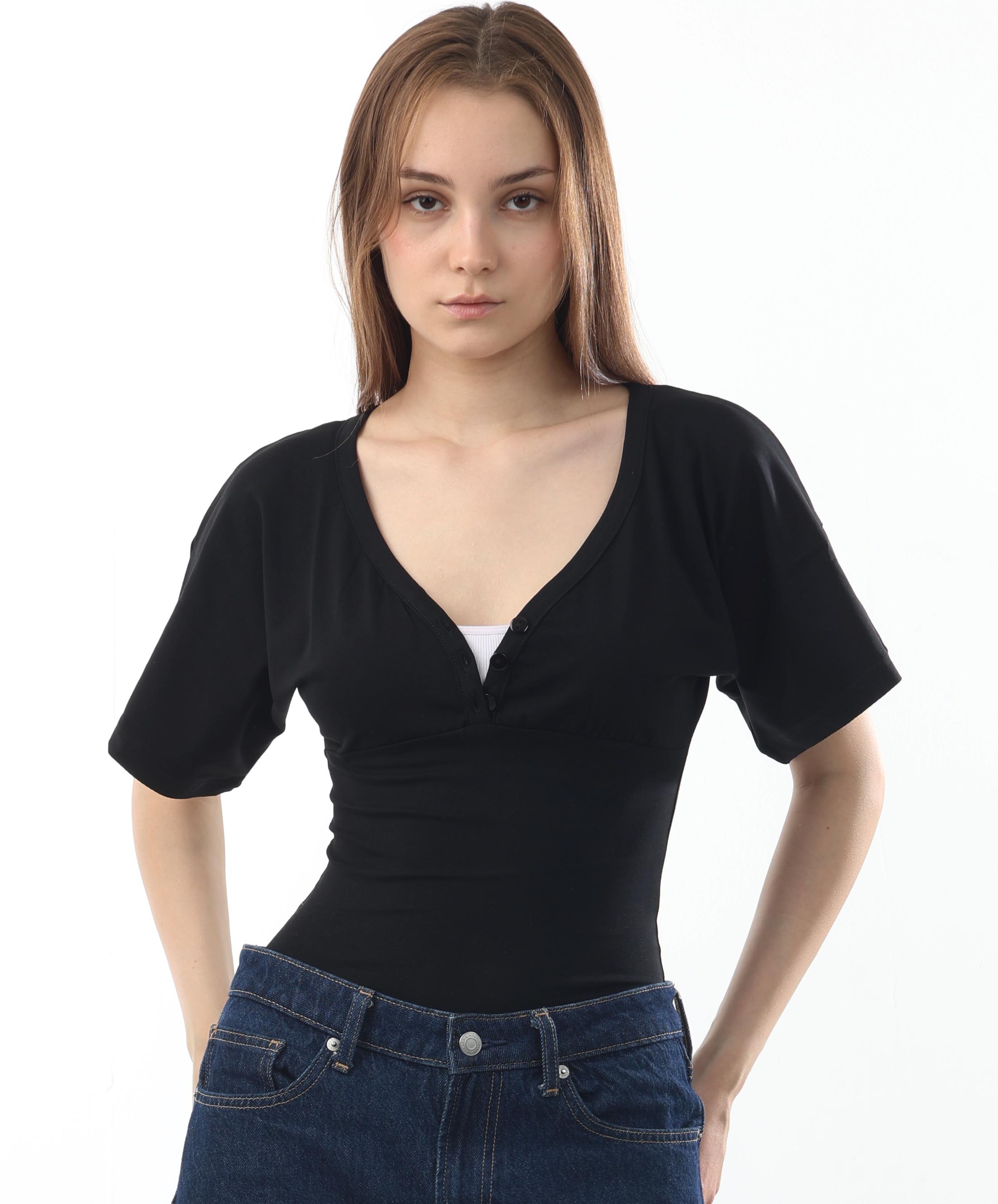 Buttoned V-Neck Flutter Top