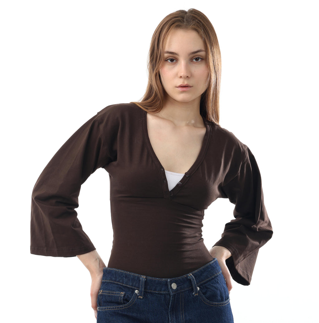 Ribbed V-Neck Flare Sleeve Top