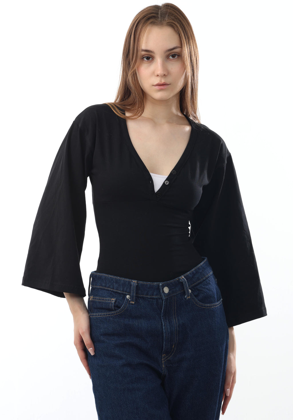 Ribbed V-Neck Flare Sleeve Top