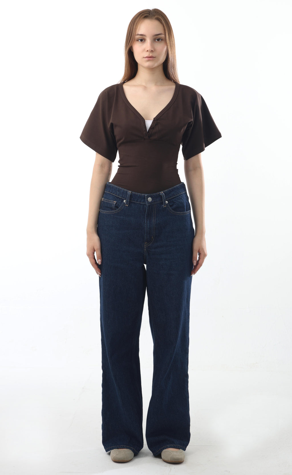 Buttoned V-Neck Flutter Top