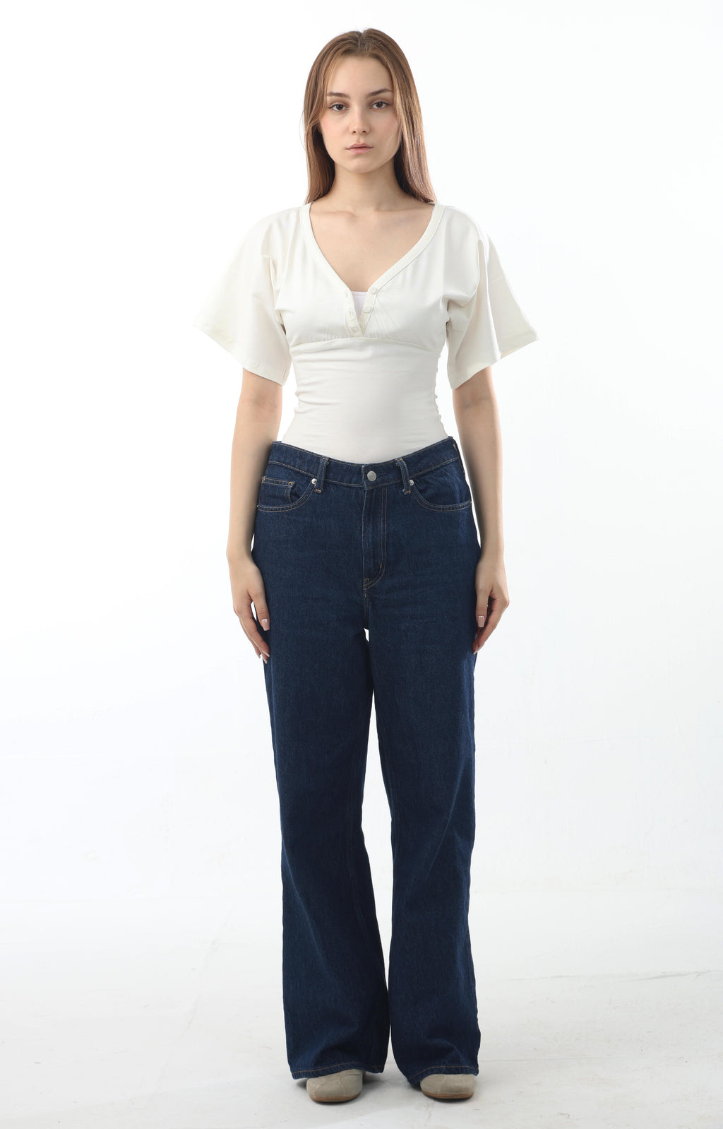 Buttoned V-Neck Flutter Top