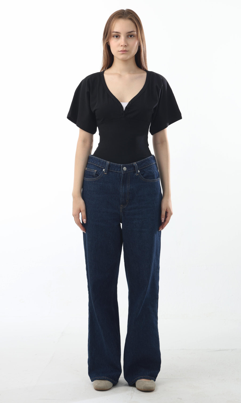 Buttoned V-Neck Flutter Top