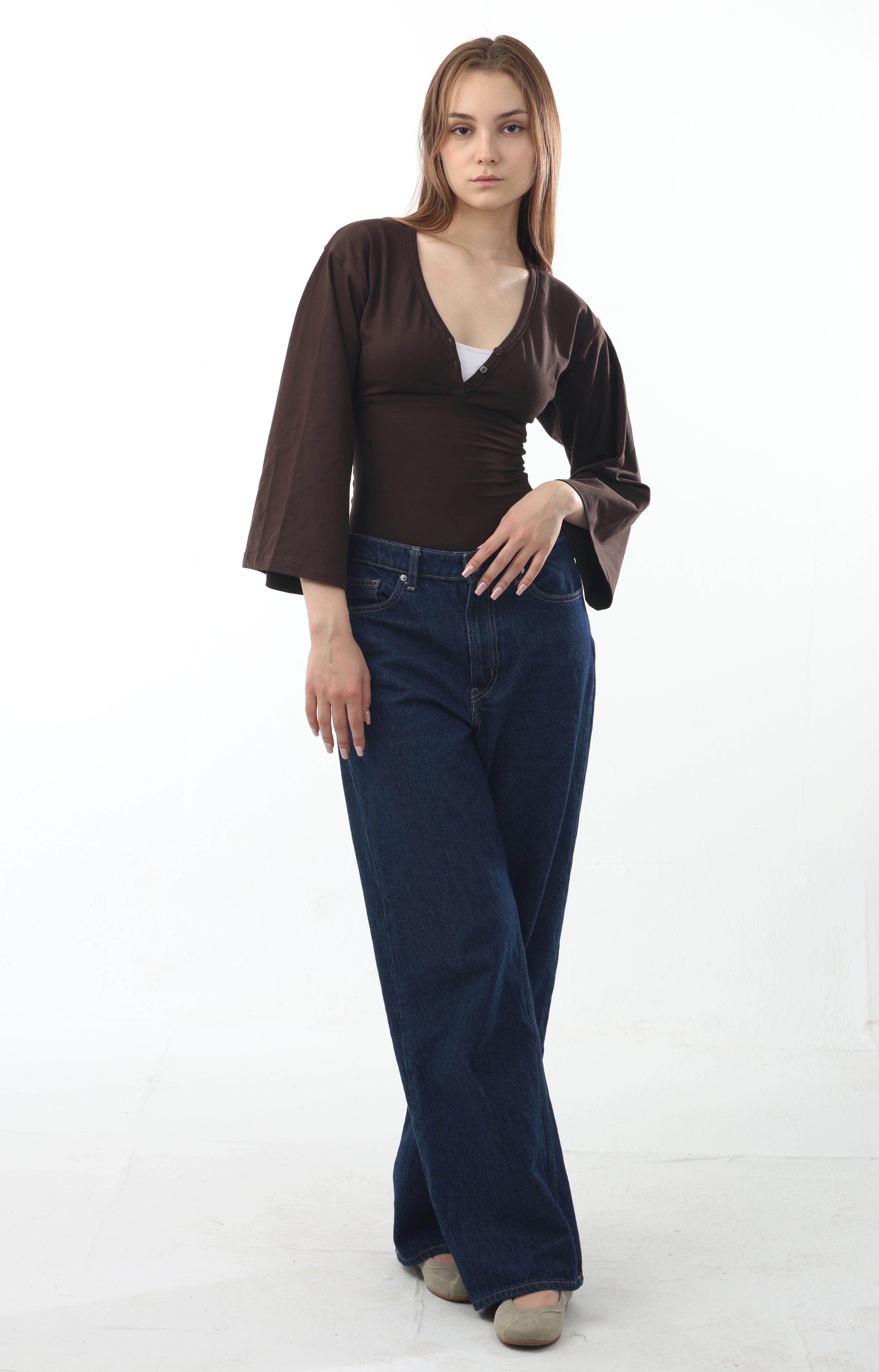 Ribbed V-Neck Flare Sleeve Top
