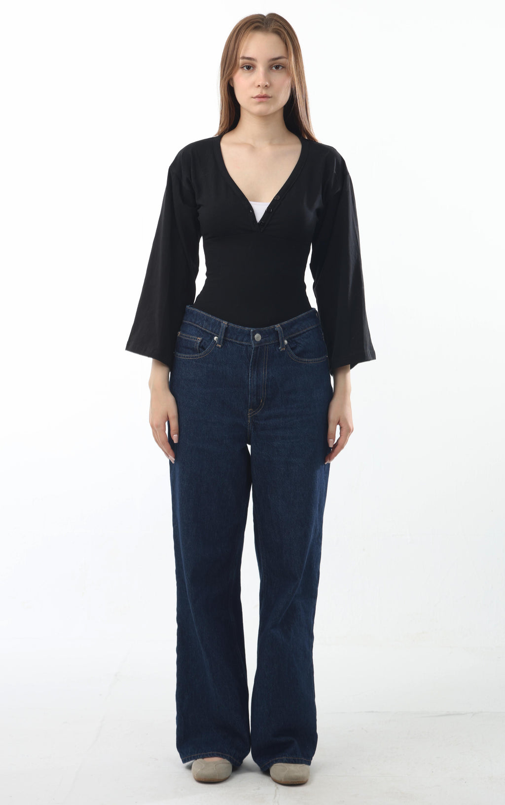 Ribbed V-Neck Flare Sleeve Top
