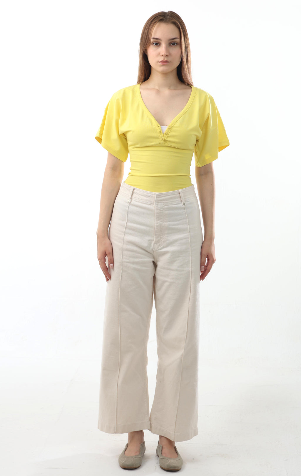 Buttoned V-Neck Flutter Top