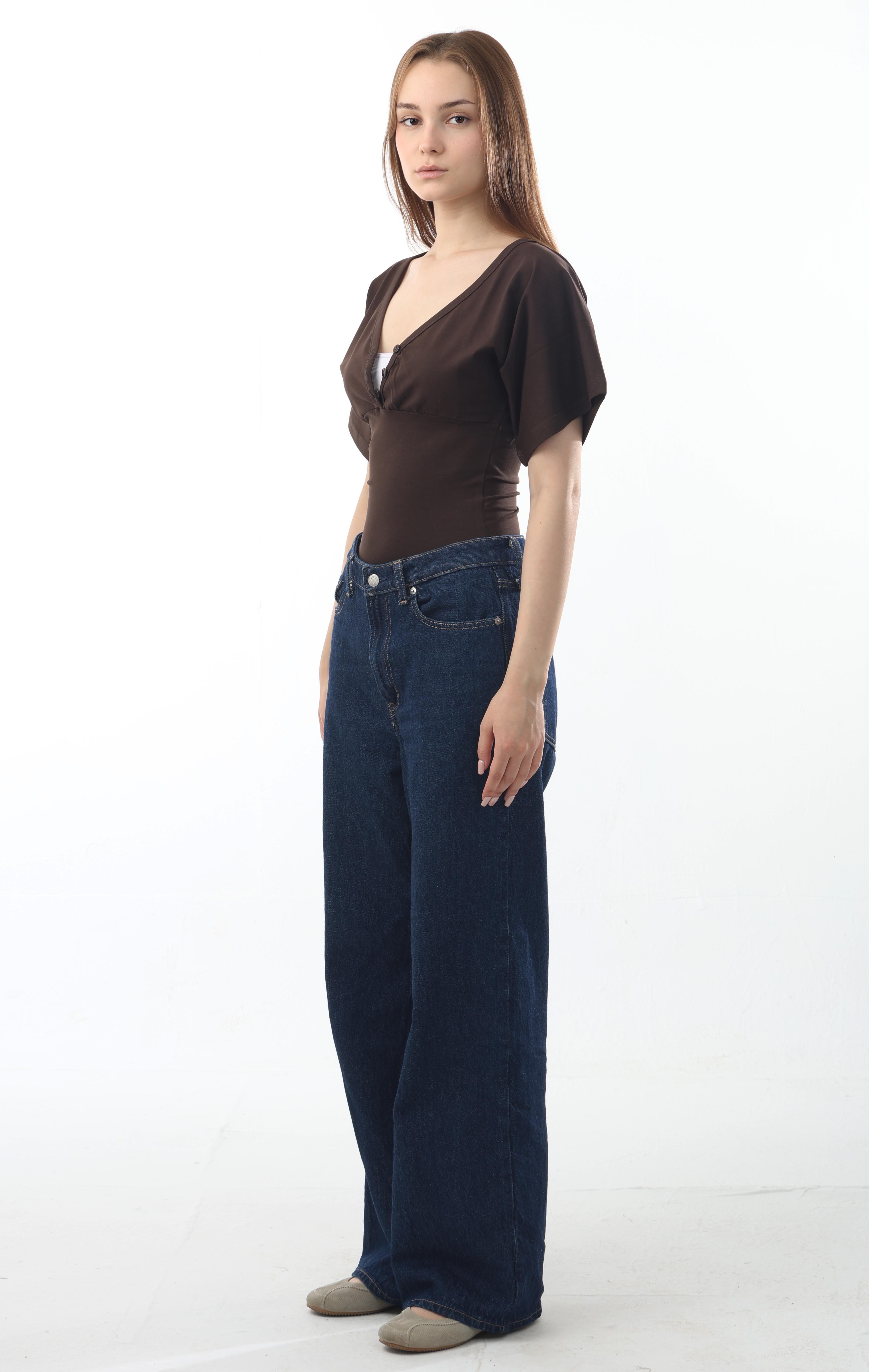 Buttoned V-Neck Flutter Top