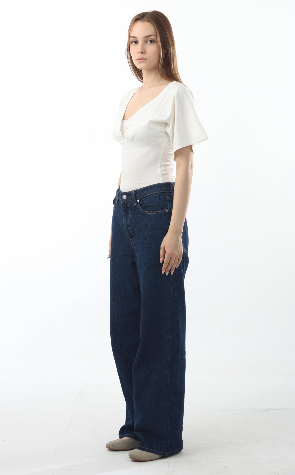 Buttoned V-Neck Flutter Top