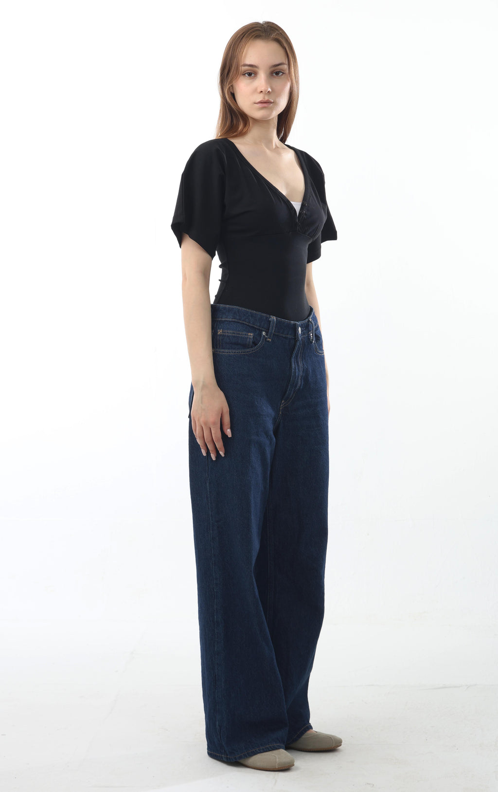 Buttoned V-Neck Flutter Top