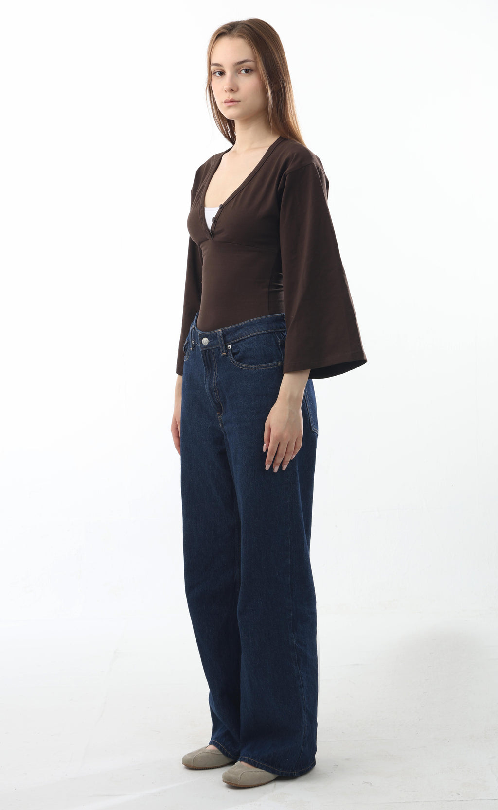 Ribbed V-Neck Flare Sleeve Top