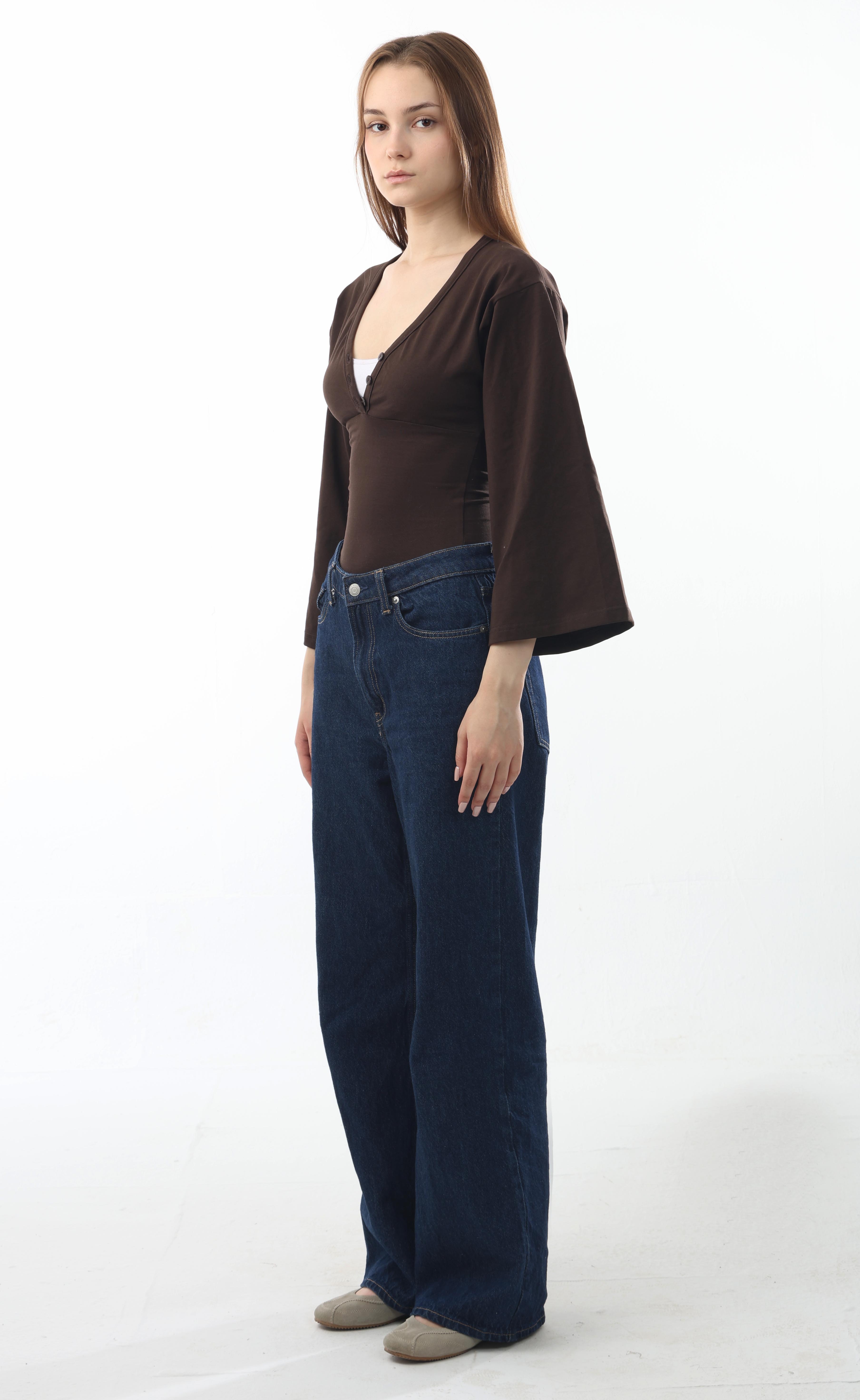Ribbed V-Neck Flare Sleeve Top