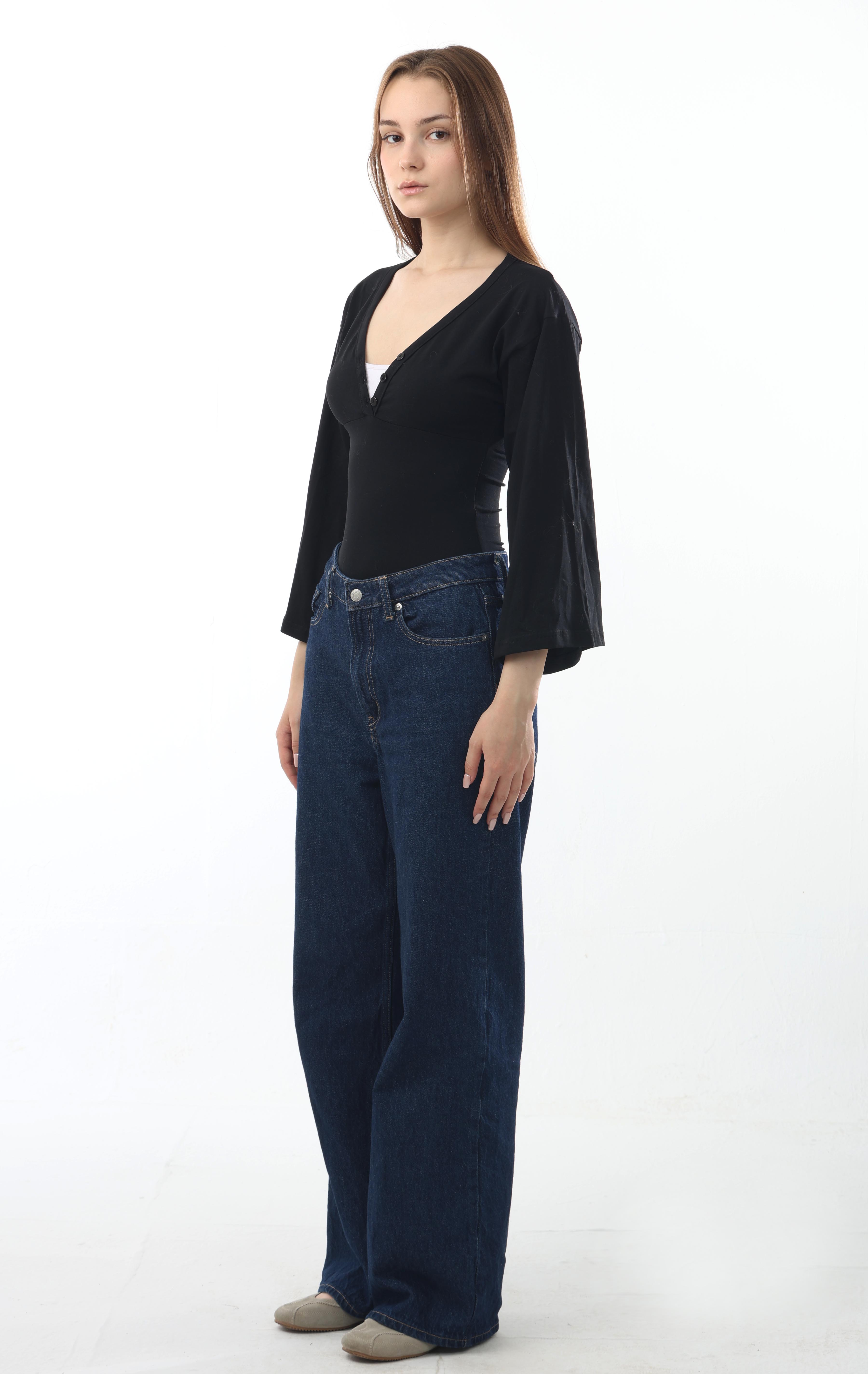 Ribbed V-Neck Flare Sleeve Top