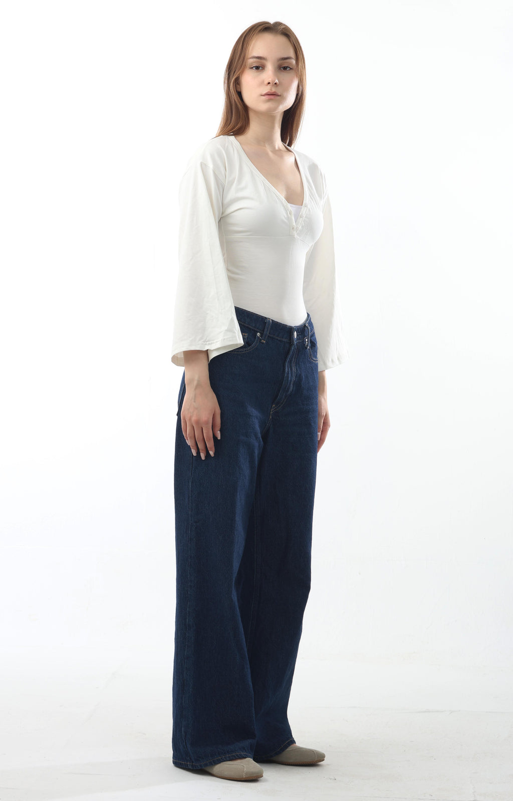 Ribbed V-Neck Flare Sleeve Top